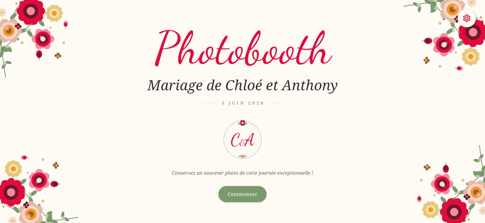 Écran d'accueil du photobooth